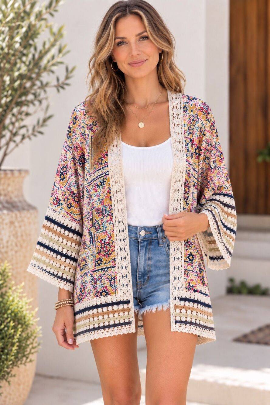 Democracy NWT Boho Floral Paisley Crochet Trim Kimono Cardigan Size M